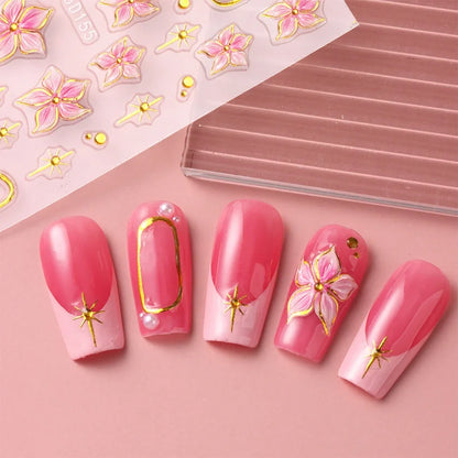 2pcs Embossed Hibiscus Flower Nail Art Sticker Pink Flower With Golden Metal Ring Charm Self-Adhesive Decals Manicure Decoration