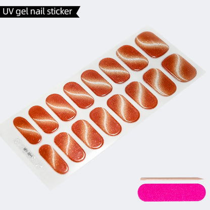 Green Cat Eyes Semi Cured Gel Nail Stickers 16Tips Pure Color Fine Flash Full Cover Nail Slider UV/LED  Baking  Lamp Gel Sticker