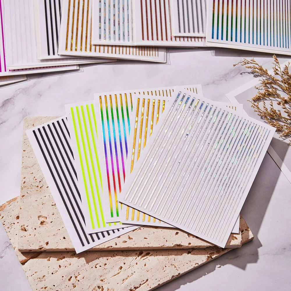 12 Sheets Strip Lines Nails art Stickers 3D Fluorescent Laser Gold Self-Adhesive Nail Sliders Decoration 6.5X5cm Manicure Decals