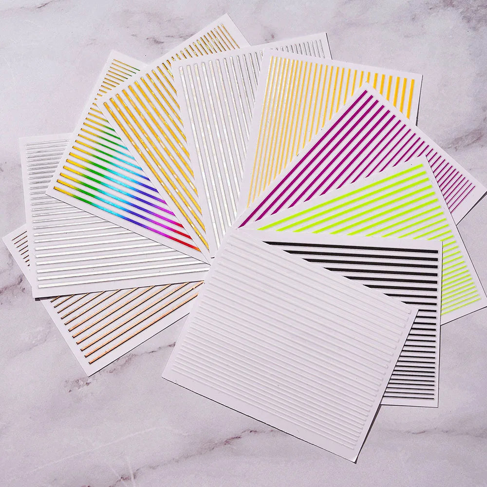 12 Sheets Strip Lines Nails art Stickers 3D Fluorescent Laser Gold Self-Adhesive Nail Sliders Decoration 6.5X5cm Manicure Decals