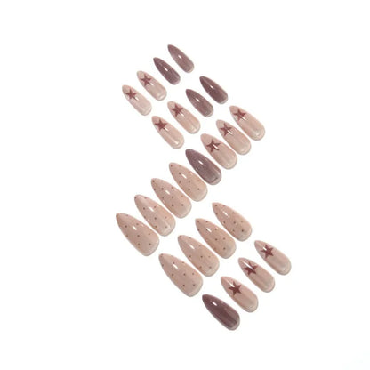 24pcs Press-On Nails Brown Cat-Eye Star and Polka Dot Long Almond-Shaped Fake Nails—Perfect for Women and Everyday Use