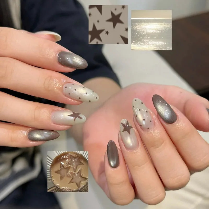 24pcs Press-On Nails Brown Cat-Eye Star and Polka Dot Long Almond-Shaped Fake Nails—Perfect for Women and Everyday Use