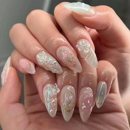 Yellow Peach Floral Almond Nails