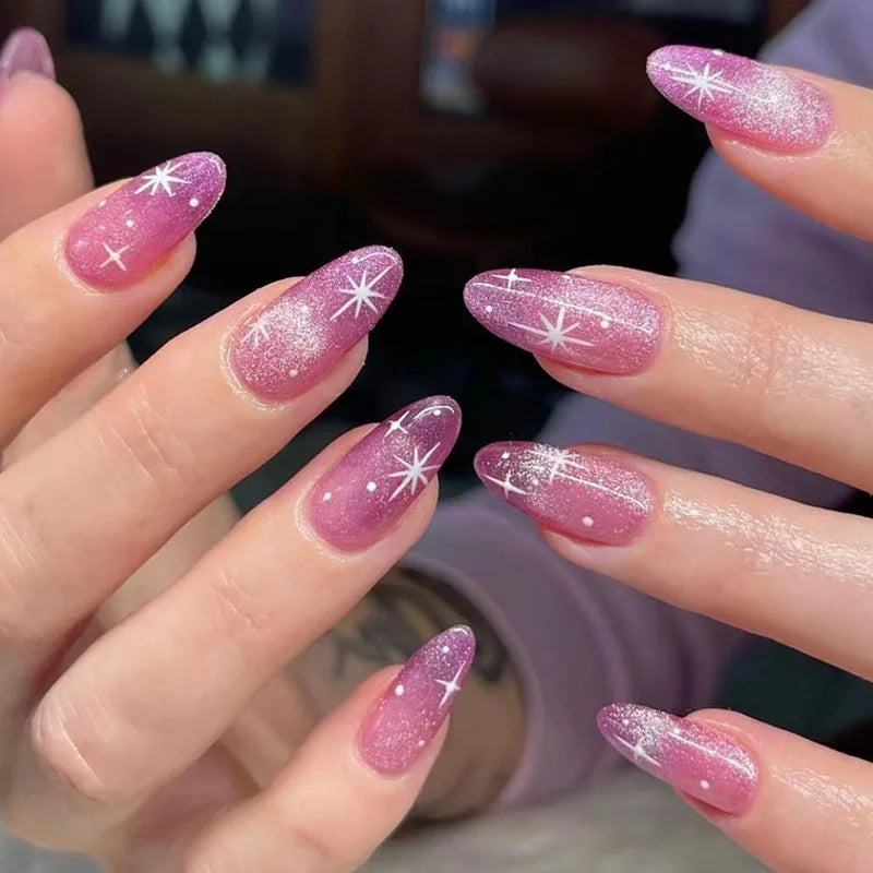Rose Pink Glitter Almond Nails
