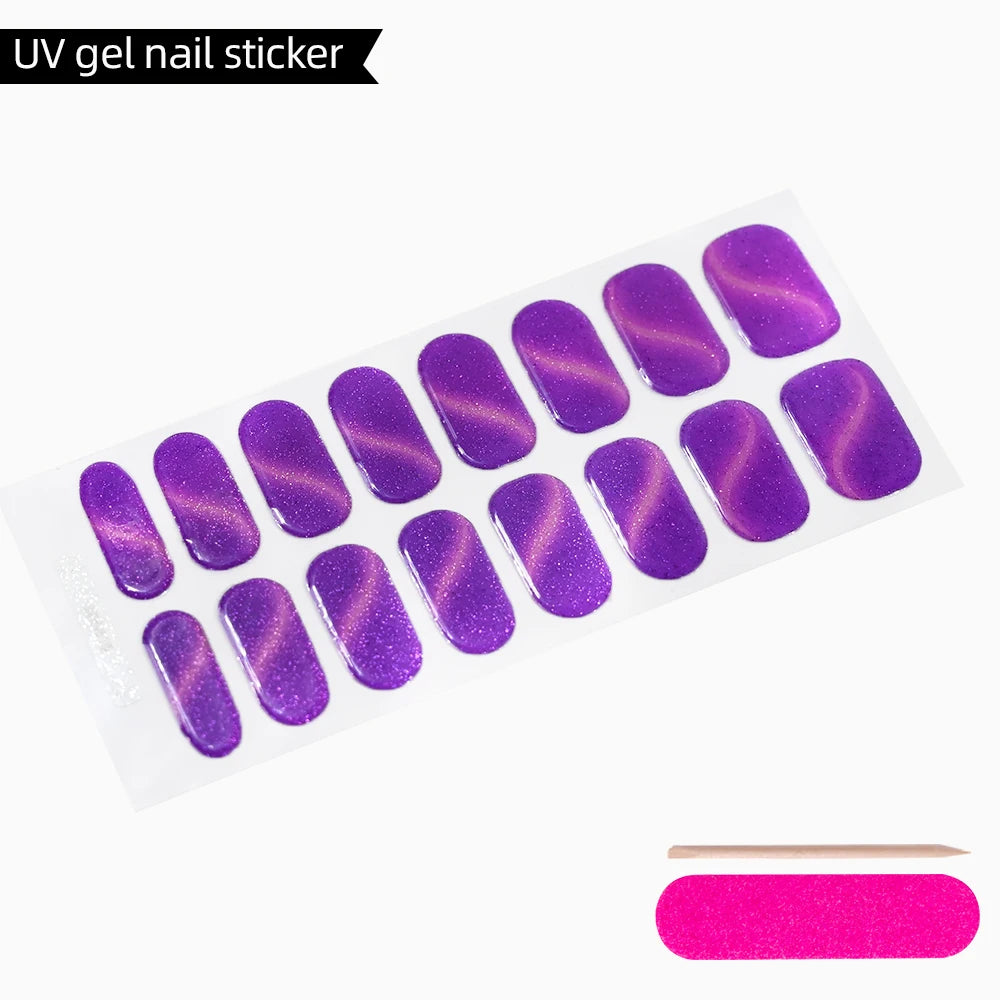 Green Cat Eyes Semi Cured Gel Nail Stickers 16Tips Pure Color Fine Flash Full Cover Nail Slider UV/LED  Baking  Lamp Gel Sticker