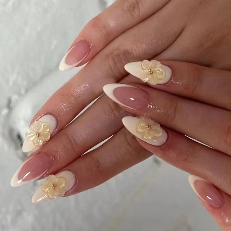 Yellow Peach Floral Almond Nails