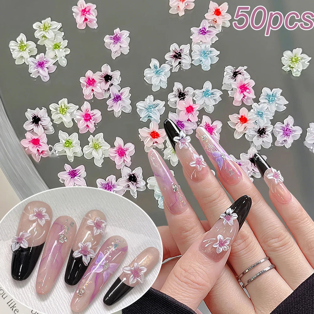 60pcs Mixed Hawaiian Flower Nail Decoration 3D Gradient Cherry Blossom Crystal Five Petal Leopard Print Lily Flower Nail Charms