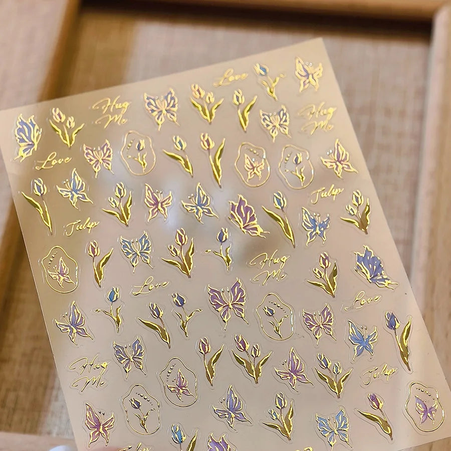 Colorful Floral Nail Art Sticker Summer Garden Motifs Juicy Flower Petals Dimensional Botanical Patterns Adhesive Manicure Decal