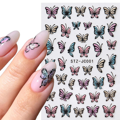 Glitter Butterfly Nail Stickers Decals Charm 3D Shiny Blue Pink Design Self Adhesive Sliders Nail Art Foils Manicure Decorations