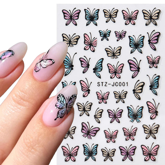 Glitter Butterfly Nail Stickers Decals Charm 3D Shiny Blue Pink Design Self Adhesive Sliders Nail Art Foils Manicure Decorations