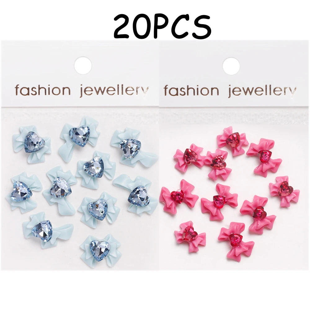 30/20/10PC Pink Ribbon Resin Bow Parts Nail Charms Mix-Style Bow Rhinestone Jewelry 8-12mm Y2K Accessory for DIY Manicure Decora