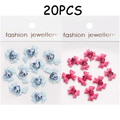 30/20/10PC Pink Ribbon Resin Bow Parts Nail Charms Mix-Style Bow Rhinestone Jewelry 8-12mm Y2K Accessory for DIY Manicure Decora