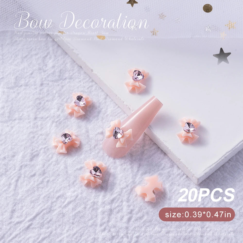 30/20/10PC Pink Ribbon Resin Bow Parts Nail Charms Mix-Style Bow Rhinestone Jewelry 8-12mm Y2K Accessory for DIY Manicure Decora