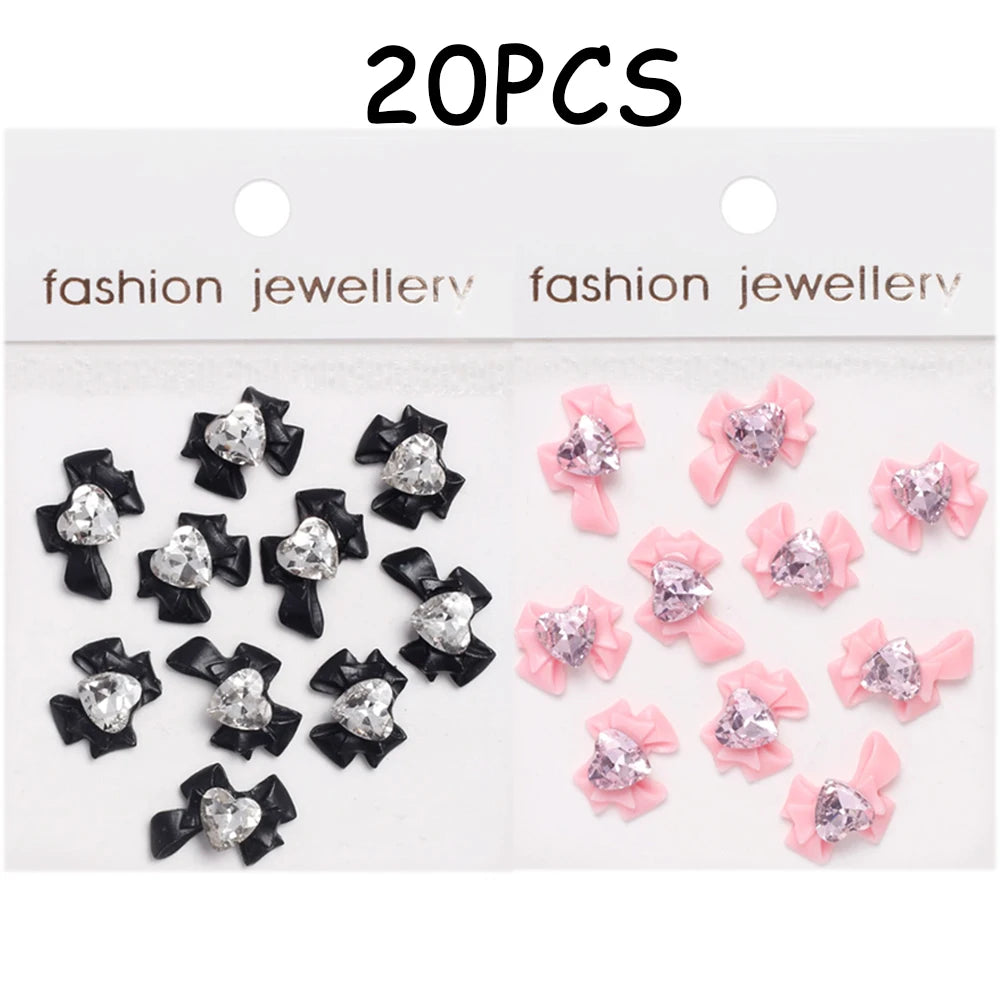 30/20/10PC Pink Ribbon Resin Bow Parts Nail Charms Mix-Style Bow Rhinestone Jewelry 8-12mm Y2K Accessory for DIY Manicure Decora