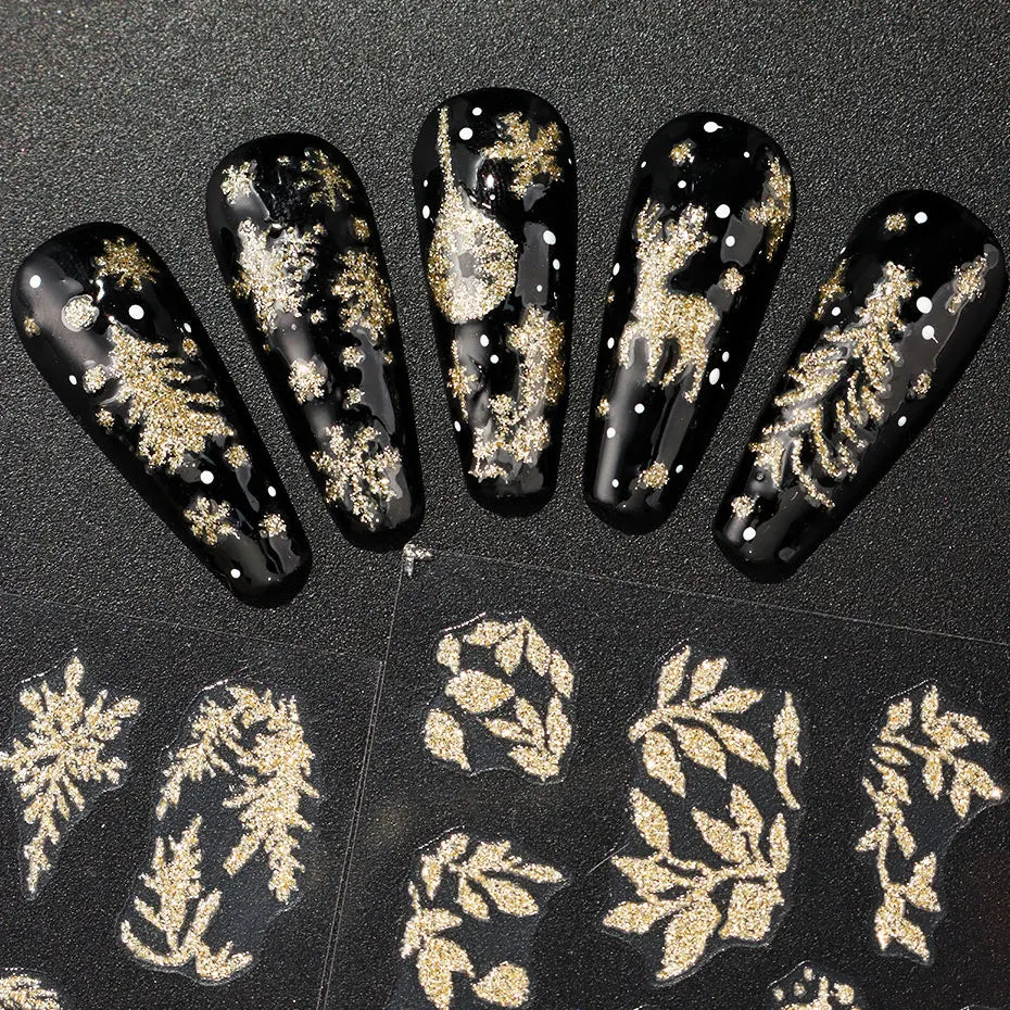 Gold Glitter Leaf Christmas Nail Stickers 2pc
