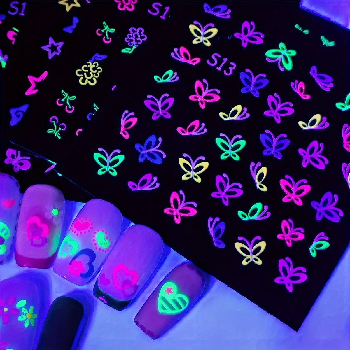 30 Sheets 3D Glow in The Dark Neon Nail Stickers - Glittery Glossy Self-Adhesive Nail Art Decorations with Butterfly, Love Heart