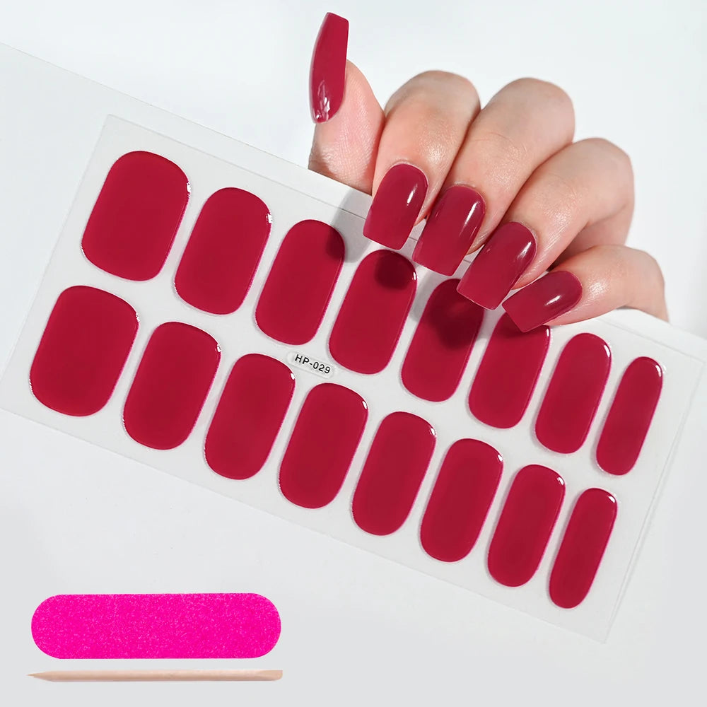 16Tips Semi-cured Gel Nail Stickers Red/Wine Red Nails Gel slider UV lamp Cured Extended Nails DIY Women Nails Decal Decor Gifts