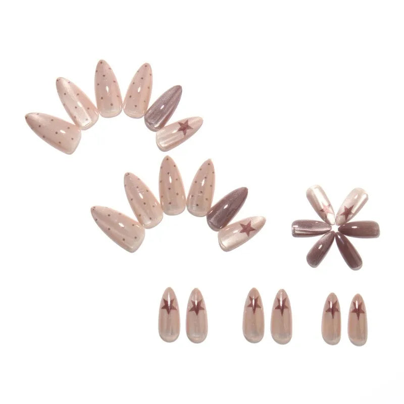 24pcs Press-On Nails Brown Cat-Eye Star and Polka Dot Long Almond-Shaped Fake Nails—Perfect for Women and Everyday Use
