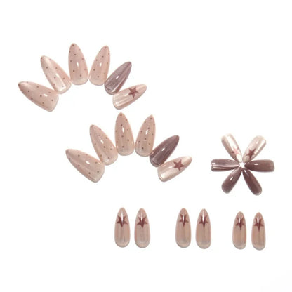 24pcs Press-On Nails Brown Cat-Eye Star and Polka Dot Long Almond-Shaped Fake Nails—Perfect for Women and Everyday Use
