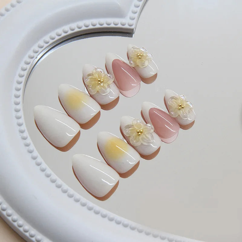 Yellow Peach Floral Almond Nails