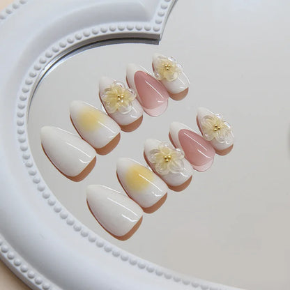 Yellow Peach Floral Almond Nails