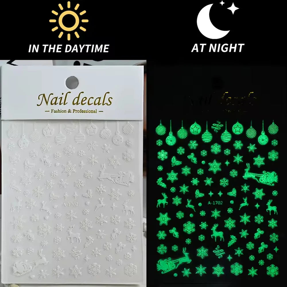 1pcs Luminous Light Bulbs Design Nail Art Stickers 3D Christmas Tree Snowflakes Noctilucent Lanterns Nail Decals DIY Winter Nail