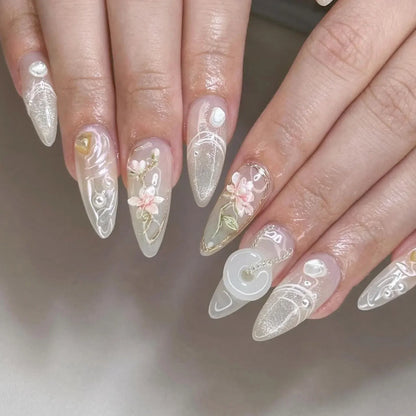 Yellow Peach Floral Almond Nails
