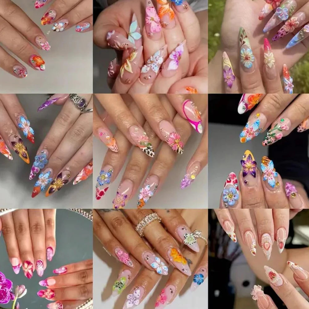 60pcs Mixed Hawaiian Flower Nail Decoration 3D Gradient Cherry Blossom Crystal Five Petal Leopard Print Lily Flower Nail Charms