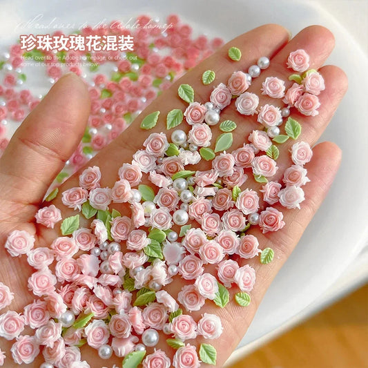 Pink Rose Resin Flower Nail Charms 30pc