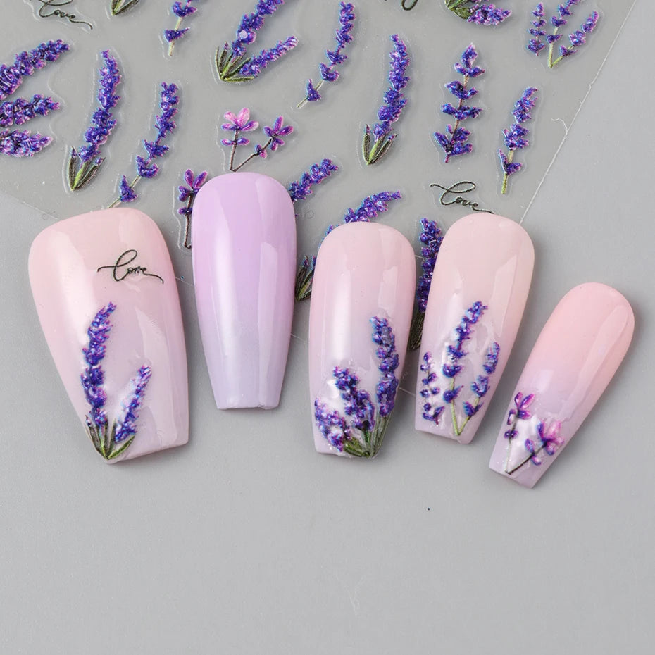 5D Embossed Lavender Flower Nail Stickers 2pc
