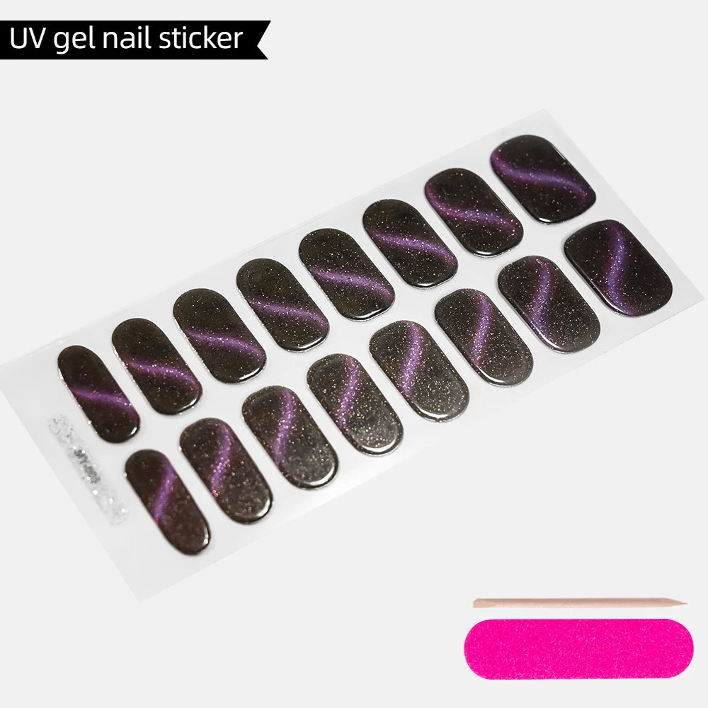 Green Cat Eyes Semi Cured Gel Nail Stickers 16Tips Pure Color Fine Flash Full Cover Nail Slider UV/LED  Baking  Lamp Gel Sticker