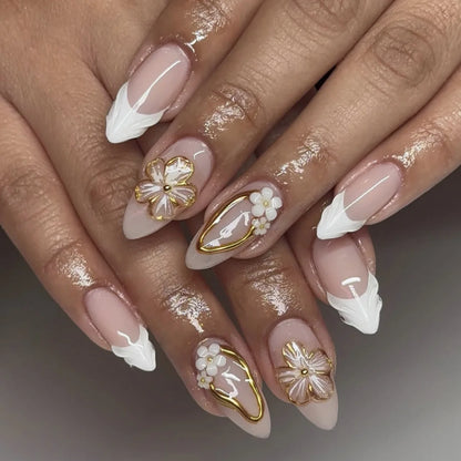 Yellow Peach Floral Almond Nails