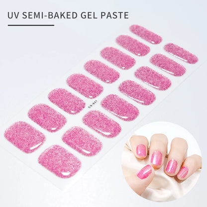 16Tips Glitter Semi-Cured Gel UV Sticker 3D French Gradient Shiny Glitter Powder UV Gel Sticker Full Cover UV Lamp Glitter Decal