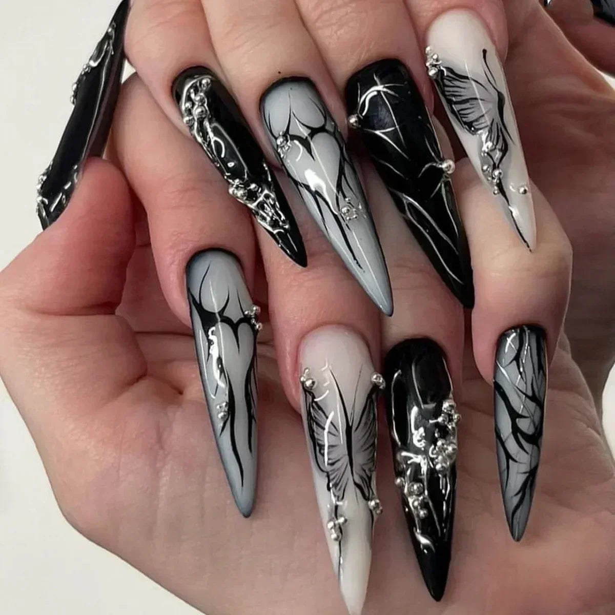 Goth Spike Silver Bow Press-On Nails