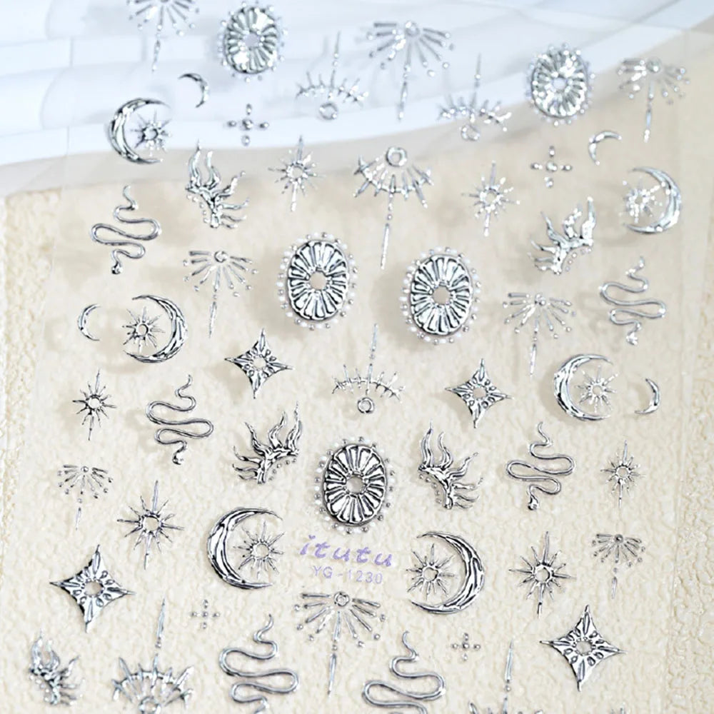 Gold Silver Snake Stars Nail Stickers for Nail Decoation Decals 5D Self-Adhesive Bronzing Stars Moon Totem DIY Supplies 2030