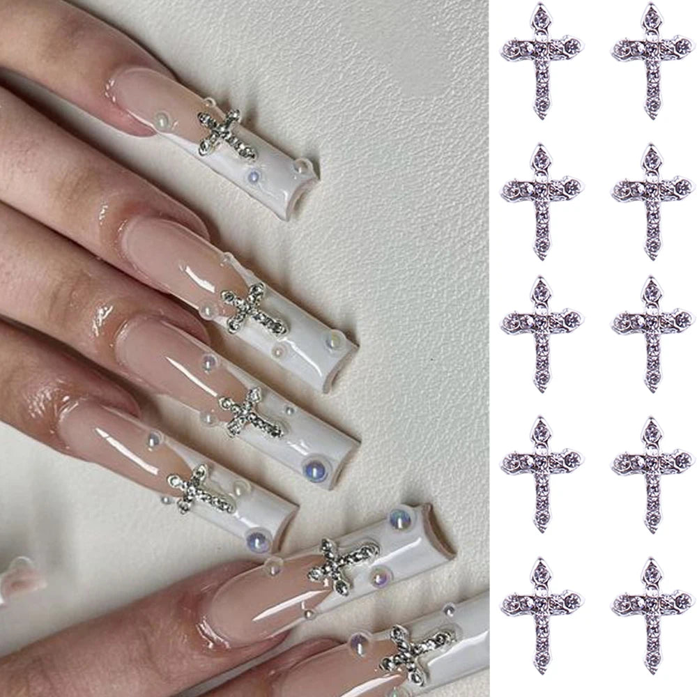 10Pcs Punk Cross With Rhinestones Nails Decoration Luxury Retro Gothic Designer Nail Charms Classic Cross nail parts Manicure*