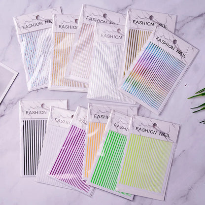 12 Sheets Strip Lines Nails art Stickers 3D Fluorescent Laser Gold Self-Adhesive Nail Sliders Decoration 6.5X5cm Manicure Decals