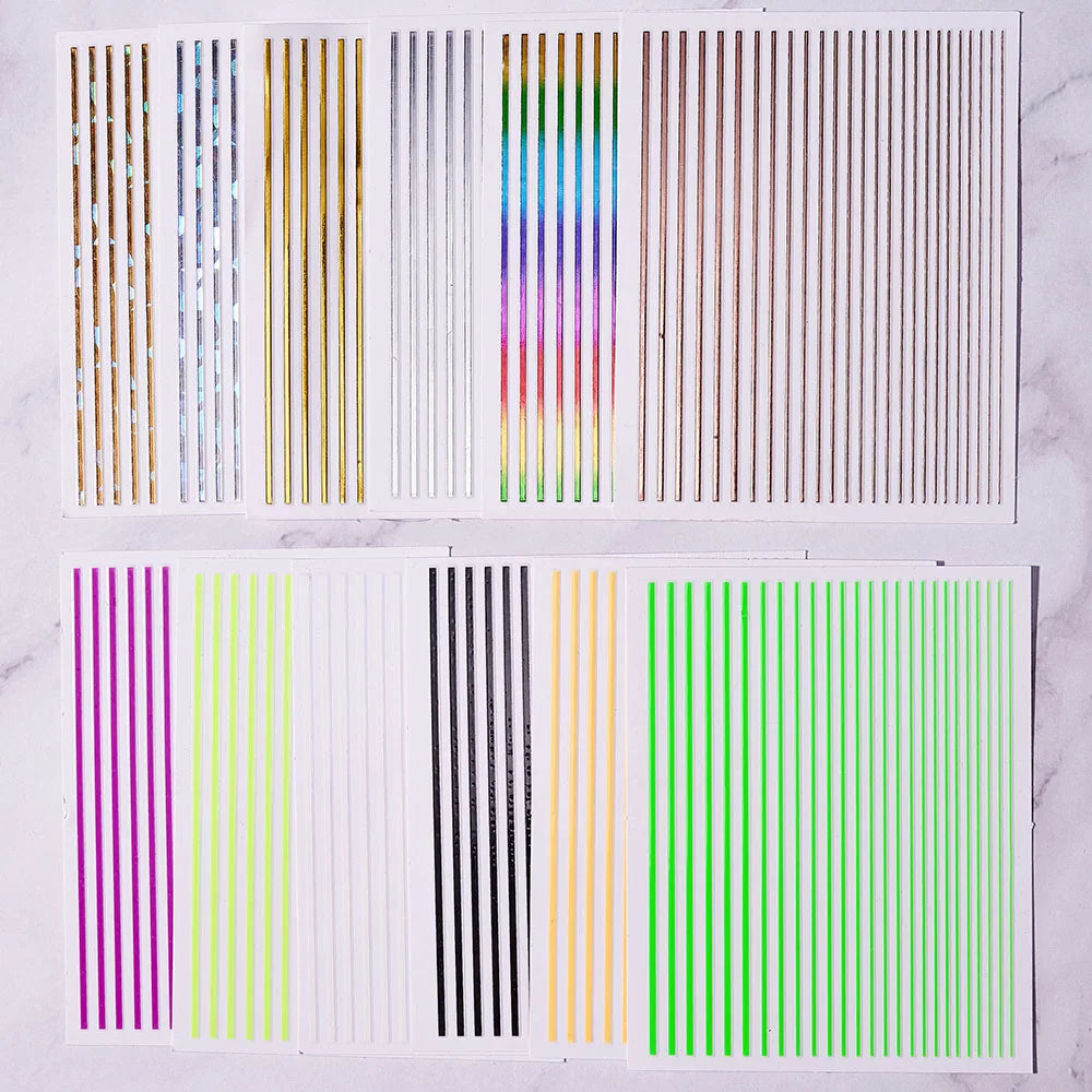 12 Sheets Strip Lines Nails art Stickers 3D Fluorescent Laser Gold Self-Adhesive Nail Sliders Decoration 6.5X5cm Manicure Decals