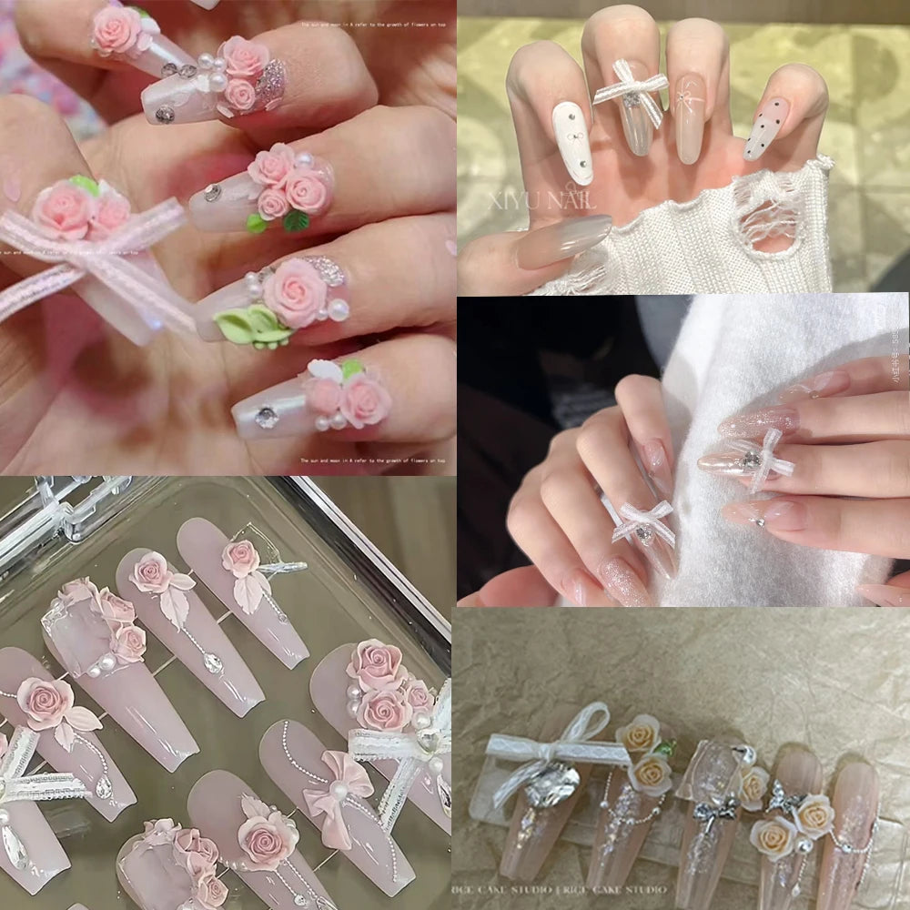 Lace Bow & Pearl Rose Nail Charms Set