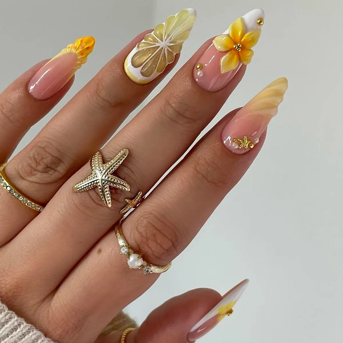Yellow Peach Floral Almond Nails