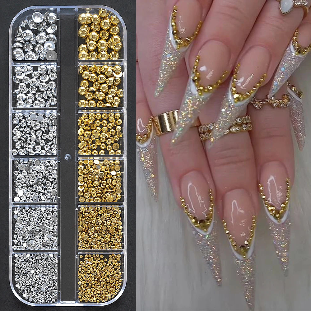 Gold Silver Pearl Caviar Nail Rhinestones