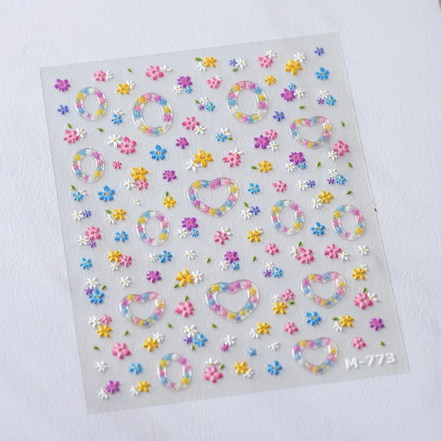 Colorful Floral Nail Art Sticker Summer Garden Motifs Juicy Flower Petals Dimensional Botanical Patterns Adhesive Manicure Decal
