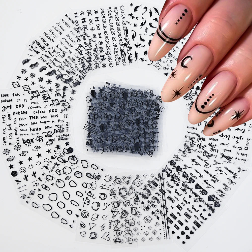 30pcs Black Line Nail Stickers 3D Irregular Line Geometric Pattern Nail Sticker Mysterious Sexy DIY Gothic Style Nail Stickers
