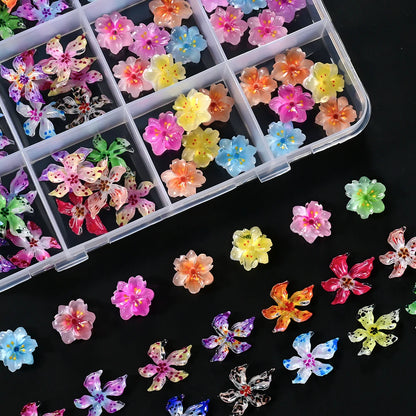 60pcs Mixed Hawaiian Flower Nail Decoration 3D Gradient Cherry Blossom Crystal Five Petal Leopard Print Lily Flower Nail Charms