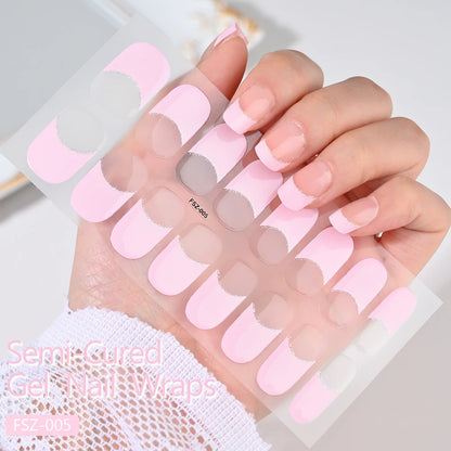 16pcs French White/Black Glitter Semi-cured Gel Nail Stickers Long-acting Waterproof LED Lamp UV Gel Slider DIY Manicure Decor