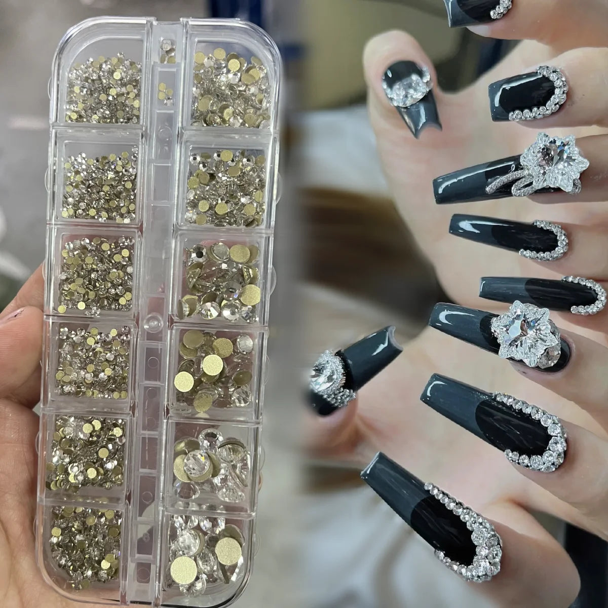 Crystal AB Rhinestone Nail Art Kit 12 Grid