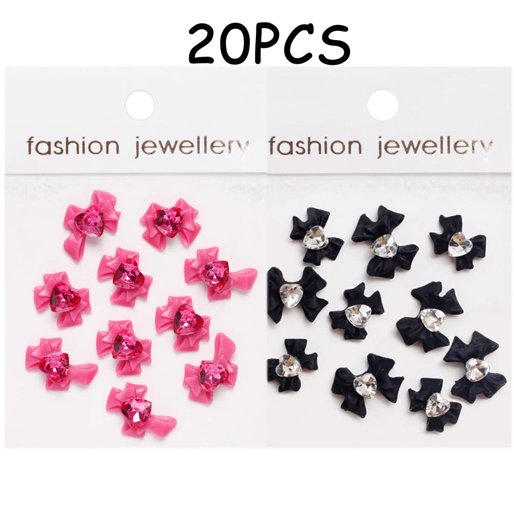 30/20/10PC Pink Ribbon Resin Bow Parts Nail Charms Mix-Style Bow Rhinestone Jewelry 8-12mm Y2K Accessory for DIY Manicure Decora