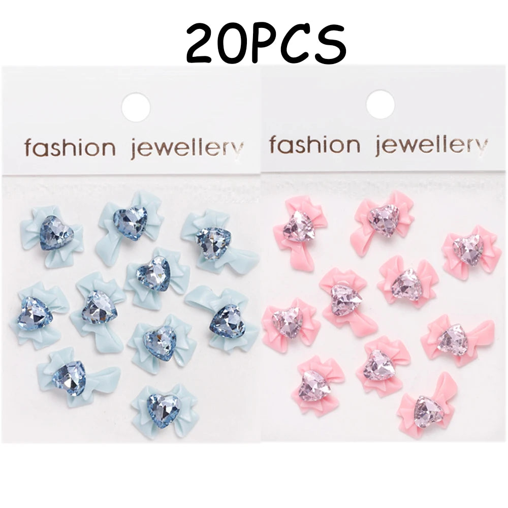 30/20/10PC Pink Ribbon Resin Bow Parts Nail Charms Mix-Style Bow Rhinestone Jewelry 8-12mm Y2K Accessory for DIY Manicure Decora