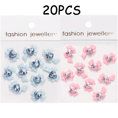 30/20/10PC Pink Ribbon Resin Bow Parts Nail Charms Mix-Style Bow Rhinestone Jewelry 8-12mm Y2K Accessory for DIY Manicure Decora
