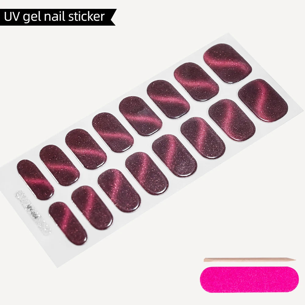 Green Cat Eyes Semi Cured Gel Nail Stickers 16Tips Pure Color Fine Flash Full Cover Nail Slider UV/LED  Baking  Lamp Gel Sticker